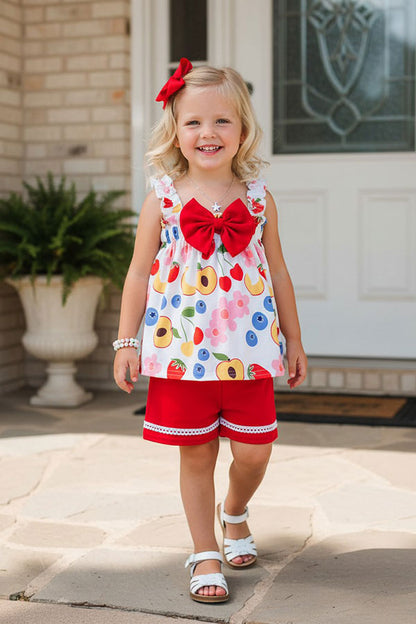 Chic Girls boutique sets Flower & fruit prints top & red shorts 2pc kids sets DLH2878