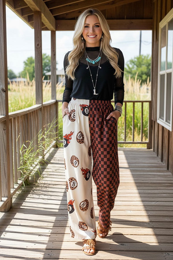 Western leopard 8-ball & checkered wide leg women's boutique pant GJQ17209