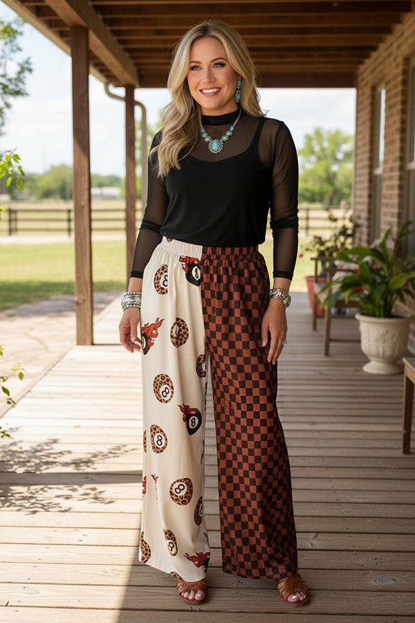 Western leopard 8-ball & checkered wide leg women's boutique pant GJQ17209