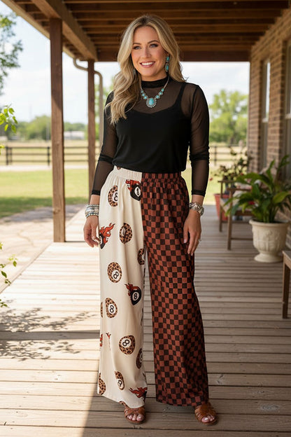 Western leopard 8-ball & checkered wide leg women's boutique pant GJQ17209
