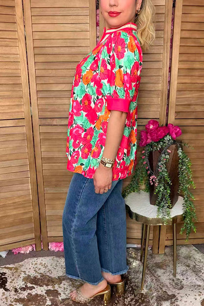 Chic floral print short sleeve women's boutique top w/stripe V-Neck Southern Stitch XCH16828