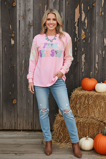 Chic SPOOKY SEASON pink sequin women's boutuque top Southern Stitch XCH16470
