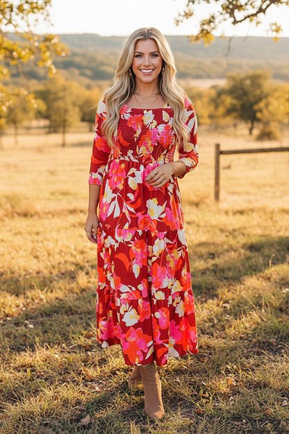 Chic floral printed 3/4 sleeves smocking tiered women's boutique dress GJQ16281