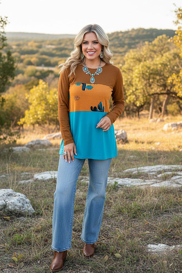 Western ginger & cactus print & blue women's boutique top GJQ13400