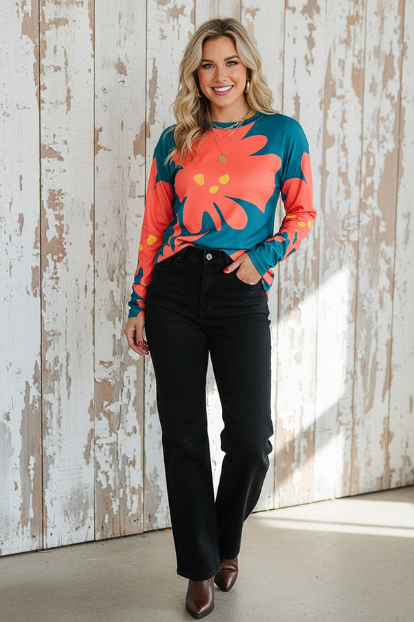 Western Coral/yellow floral long sleeve women's boutique top Southern Stitch BQ15645