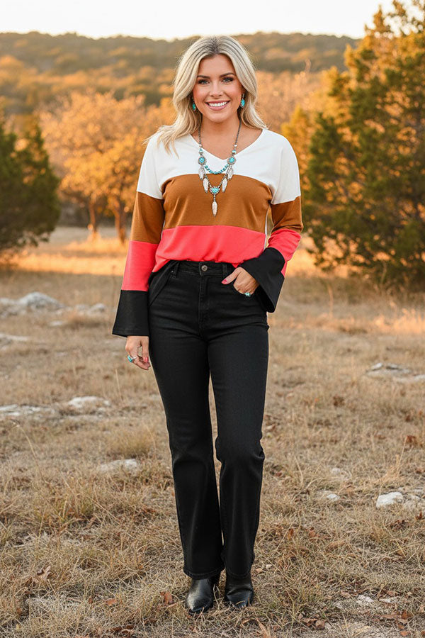 Chic White & Brown & Pink & Black bell long sleeve boutique women's top GJQ15577