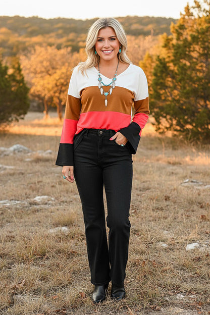 Chic White & Brown & Pink & Black bell long sleeve boutique women's top GJQ15577