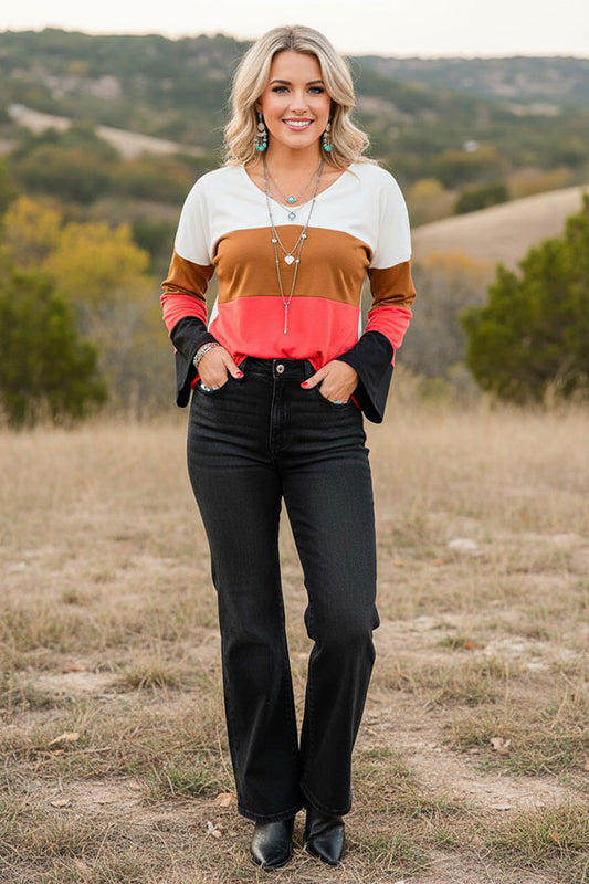 Chic White & Brown & Pink & Black bell long sleeve boutique women's top GJQ15577