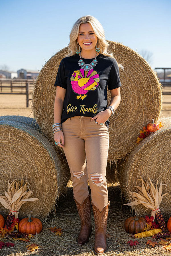 Western "give thanks" sequin turkey embroidery boutique women's top XCH16560