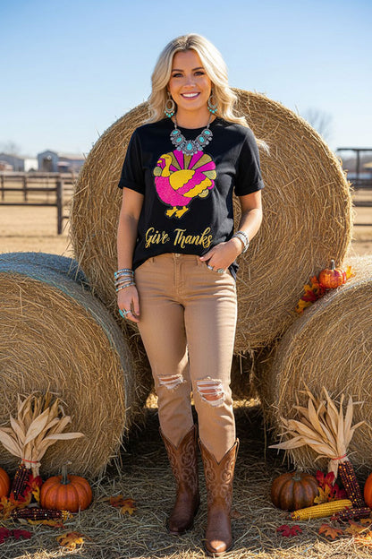 Western "give thanks" sequin turkey embroidery boutique women's top XCH16560