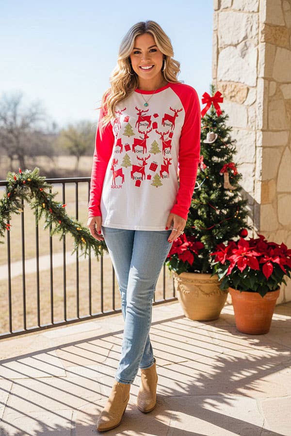 Christmas printed long sleeve raglan women tops BQ15651