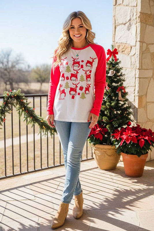 Christmas printed long sleeve raglan women tops BQ15651