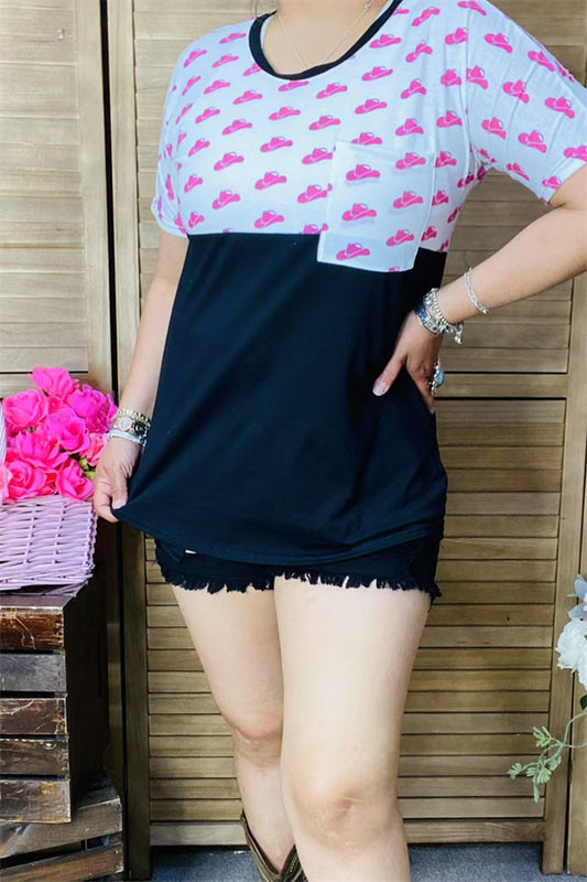 DLH9954 Pink hats block black printed short sleeve with front pocket women tops