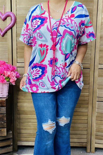 BQ15864 Mint&fuchsia floral multi color printed short sleeve women tops