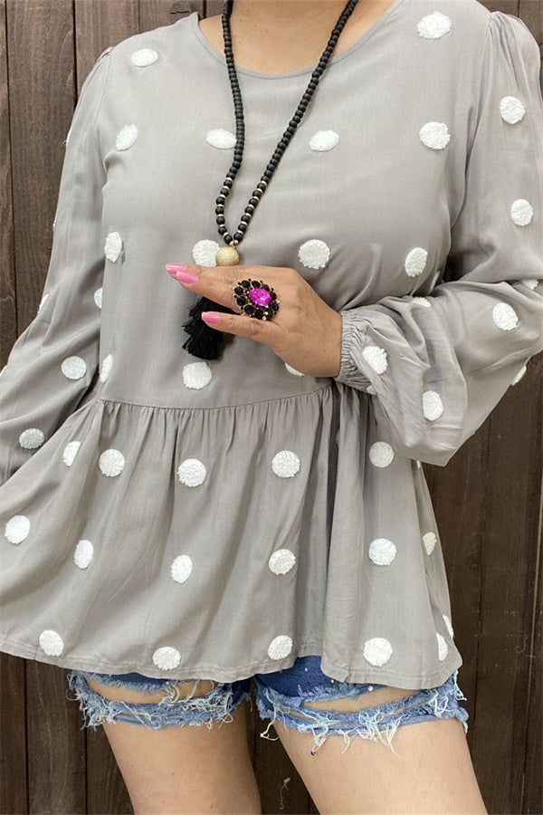 BQ13775 White dot gray color tighten cuff long sleeve  baby doll women blouse