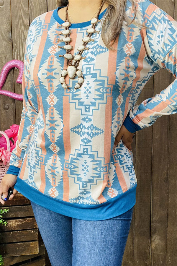 GJQ10223 Solid blue neckline/cuff/hem &Aztec multi color printed long sleeve women top(AS5)