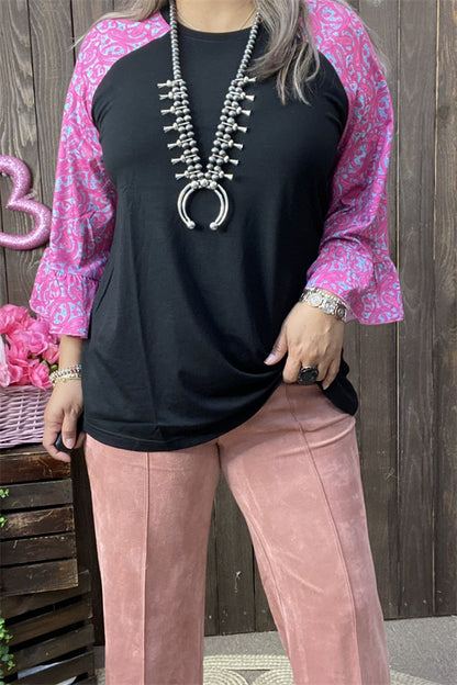 GJQ15595 Fuchsia&teal color printed 3/4 sleeve black solid color for body women tops raglan design