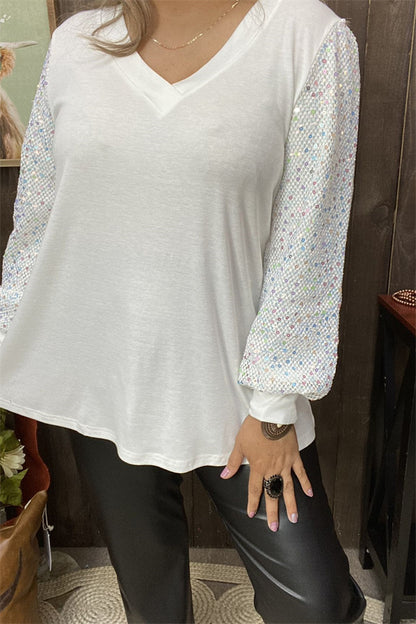 XCH15149 Sequin long sleeve w/tighten cuff white women tops