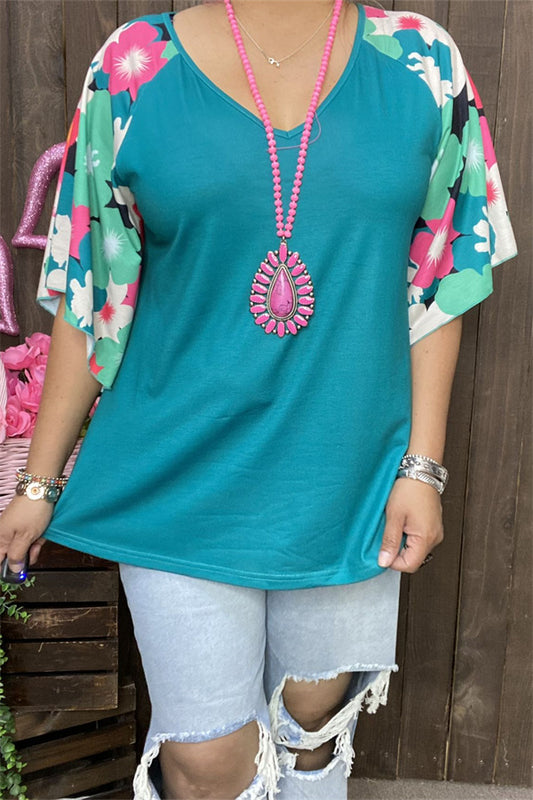 XCH15714 Mint multi color printed short /bell sleeve turquoise body color women tops &raglan design