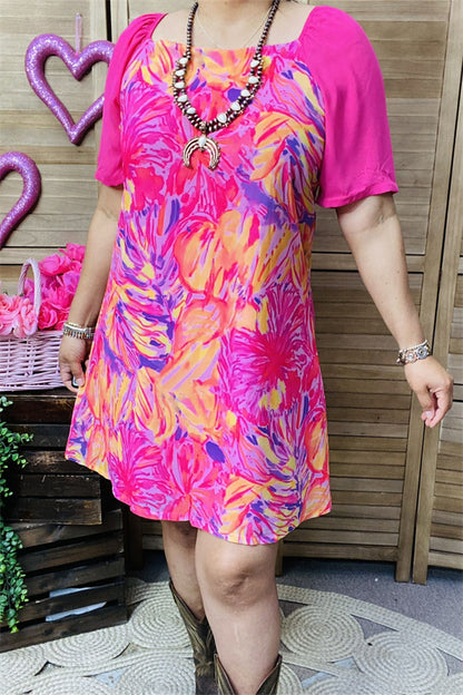 YMY15190 Plants graphic multi color printed fuchsia short sleeve women dress