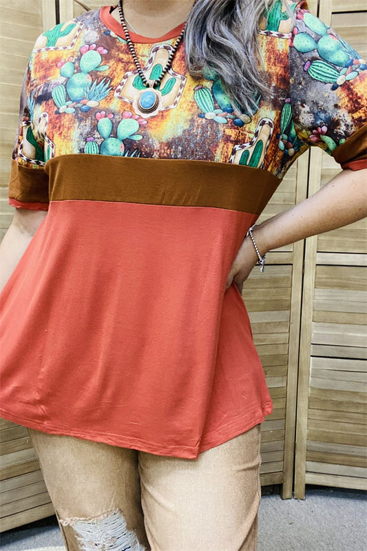 BQ11614 Cactus multi color printed w/block brown&orange color short sleeve women tops