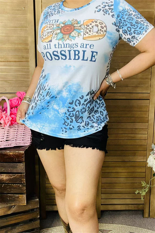 DLH0923-08 WITH GOD ALL THINGS ARE POSSIBLE Blue leopard printed women tops