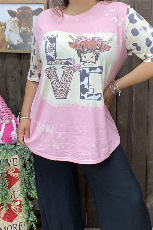 DLH13669 Mom and me LOVE bull & cow & leopard printed pink short sleeve top