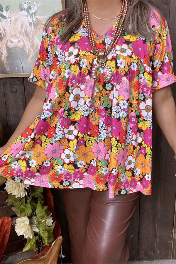 GJQ15678 Floral printed short rolled sleeve baby doll women top