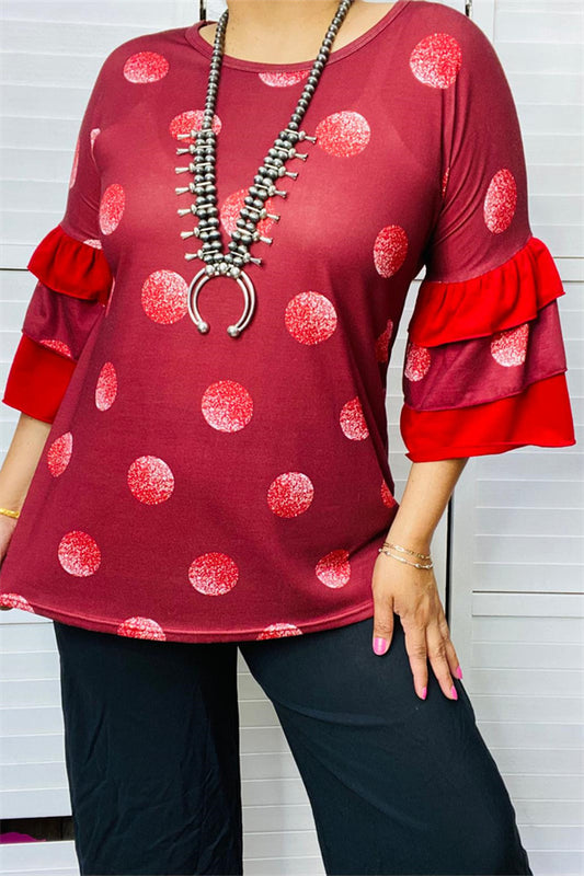 YMY9810-2 Burgundy  polka dot printed blouse with red double ruffle 3/4 sleeve for women