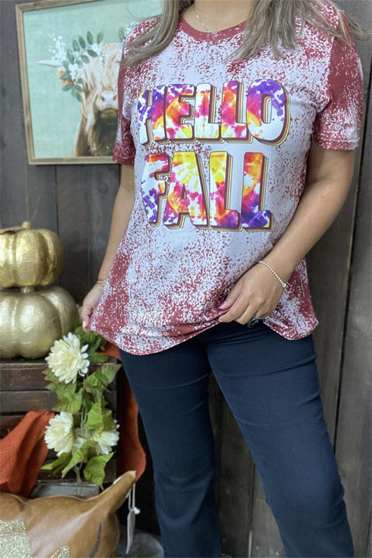 DLH9674 HELLO FALL tie dye printed short sleeve t-shirt