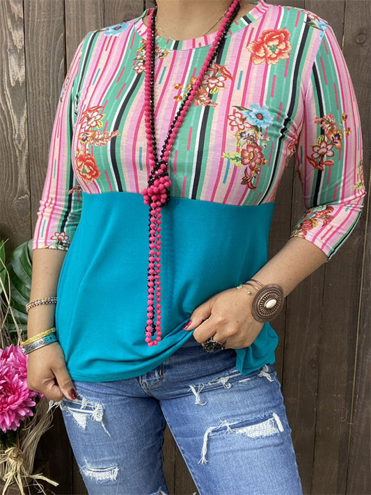 GJQ9144 Turquoise striped floral multi color printed 3/4 sleeves women tops