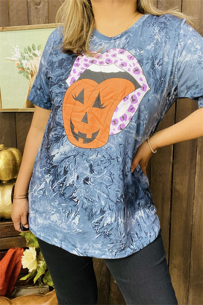 DLH10080 Spooky tongue&mouth tie-dye blue short sleeve women tops IS5