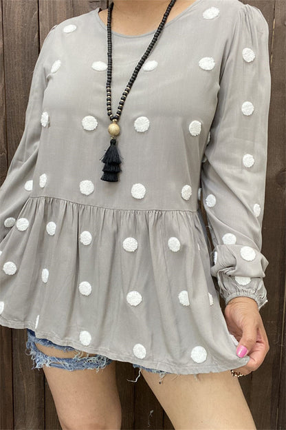 BQ13775 White dot gray color tighten cuff long sleeve  baby doll women blouse