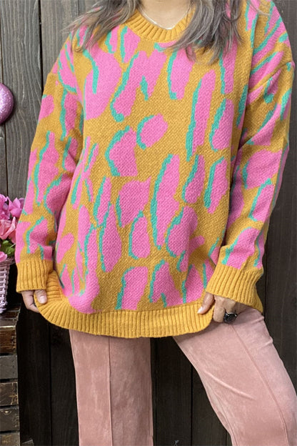 MY13394 Pink/yellow/turquoise leopard print long sleeve sweater