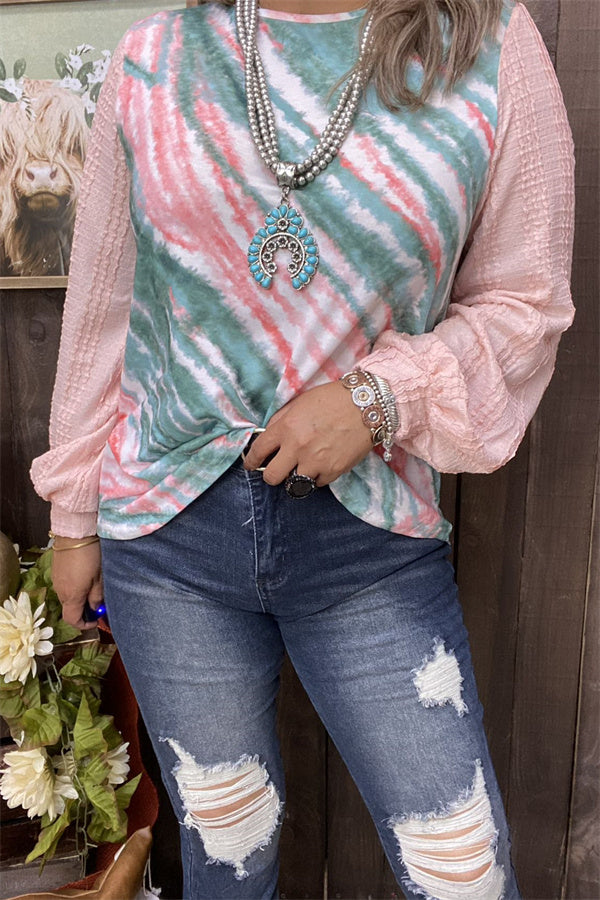 BQ14103 Tie-dye printed w/light pink solid color long sleeve women tops