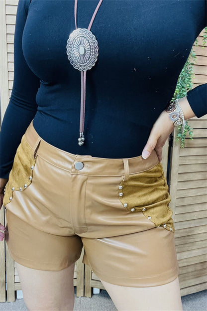 Western Brown leather & suede women's boutique shorts with studs XCH13254