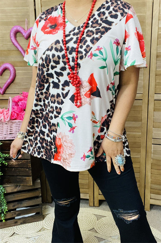 XCH12317 Floral &leopard multi color printed short sleeve women top