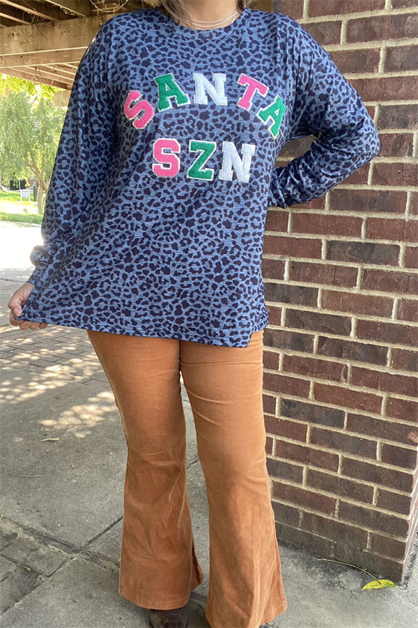 XCH15610 "SANTA SZN"letters patch&navy leopard printed long sleeve women tops