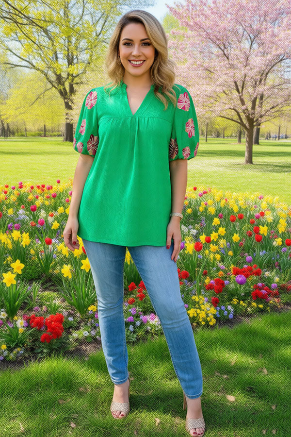 Flower embroidery green crepe fabric lantern short sleeve women top XCH16346