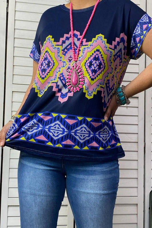 XCH14673 Multi color aztec printed short sleeve women top
