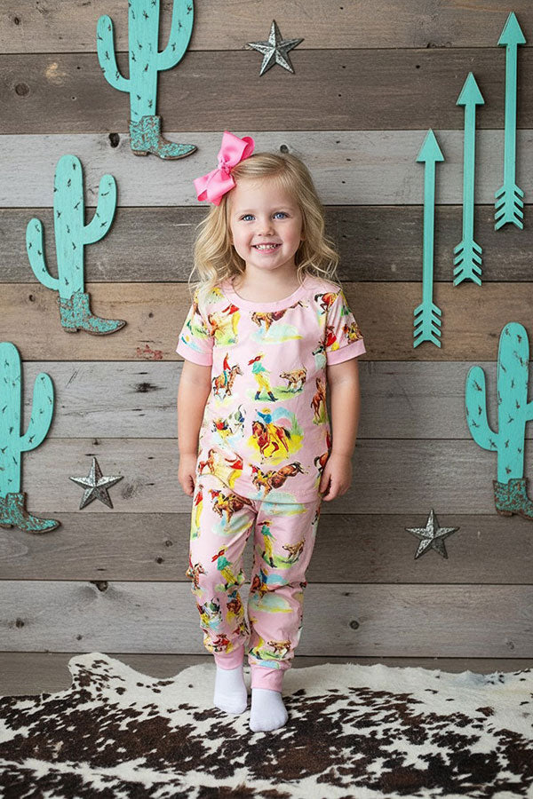 Western cowboy baby pink top & pant boutique girls pajama set 3755MZ