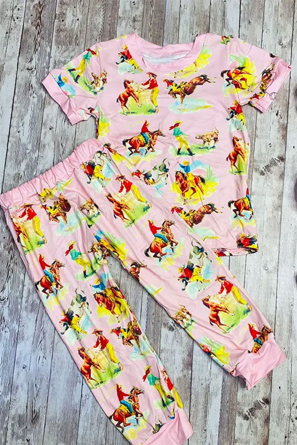 Western cowboy baby pink top & pant boutique girls pajama set 3755MZ