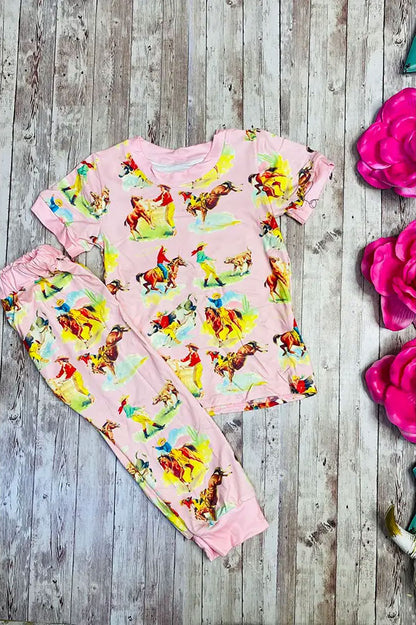 Western cowboy baby pink top & pant boutique girls pajama set 3755MZ