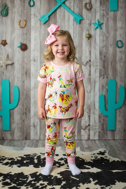 Western cowboy baby pink top & pant boutique girls pajama set 3755MZ