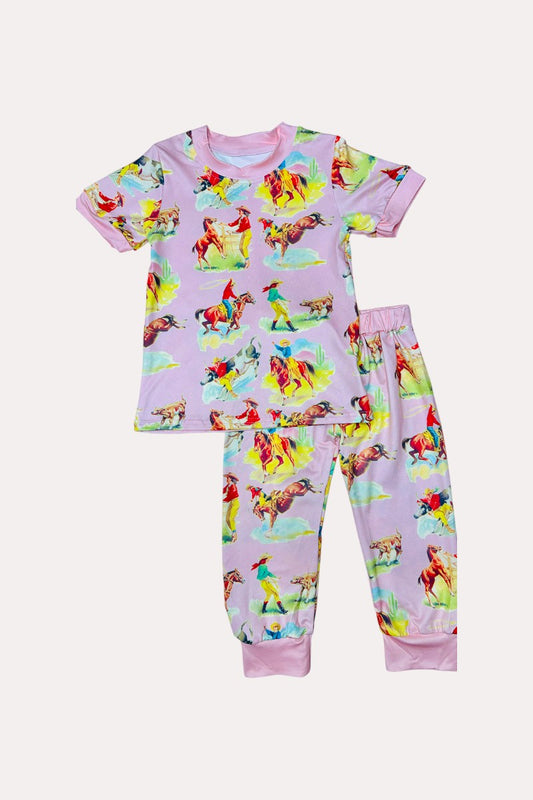 3755MZ Light pink cowboys w/horses western 2pc pajama set