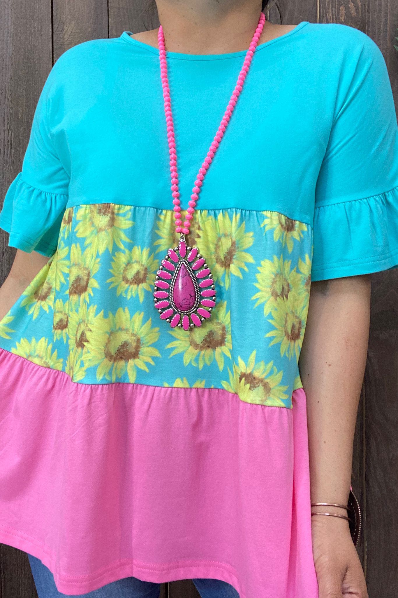 Yellow floral pink&amp;turquoise printed ruffle short sleeves baby doll women blouse XCH14854