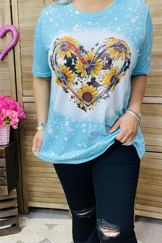 DLH13771 Cow & Sunflower heart printed turquoise short sleeve top