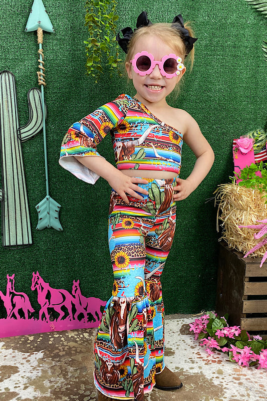 Multi print serape & cow one arm top & bell bottoms girl set DLH2326