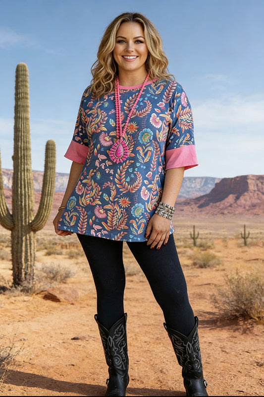 Paisley printed light pink sleeve trim short sleeve women tops GJQ14011