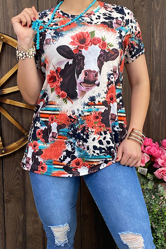 XCH12344 Cow & floral printed short sleeve t-shirt